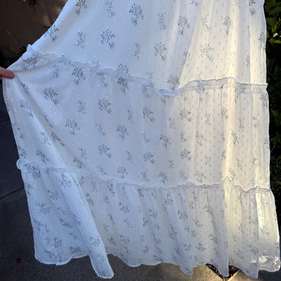 Womens L White Maxi Dress Floral Swiss Dot Tiered Ruffle Sleeve Cottage Prairie - Picture 7 of 11